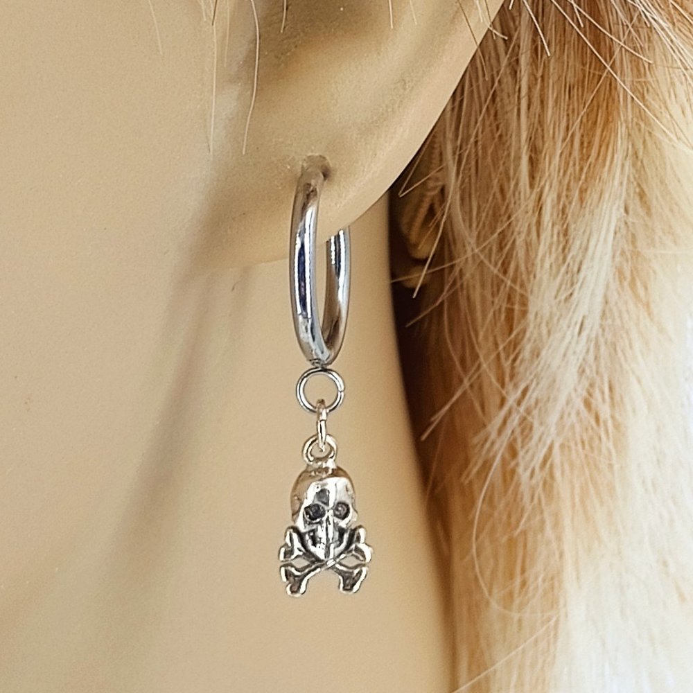 Skull and Crossbones Sterling Silver, Stainless 16mm Huggie Earrings Pair 1789HE